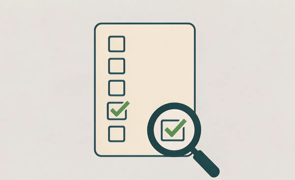 Flat illustration of a checklist with checkboxes and a magnifying glass
