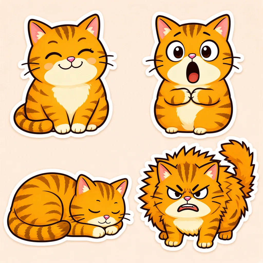 同一只橘猫四种表情的表情包贴纸