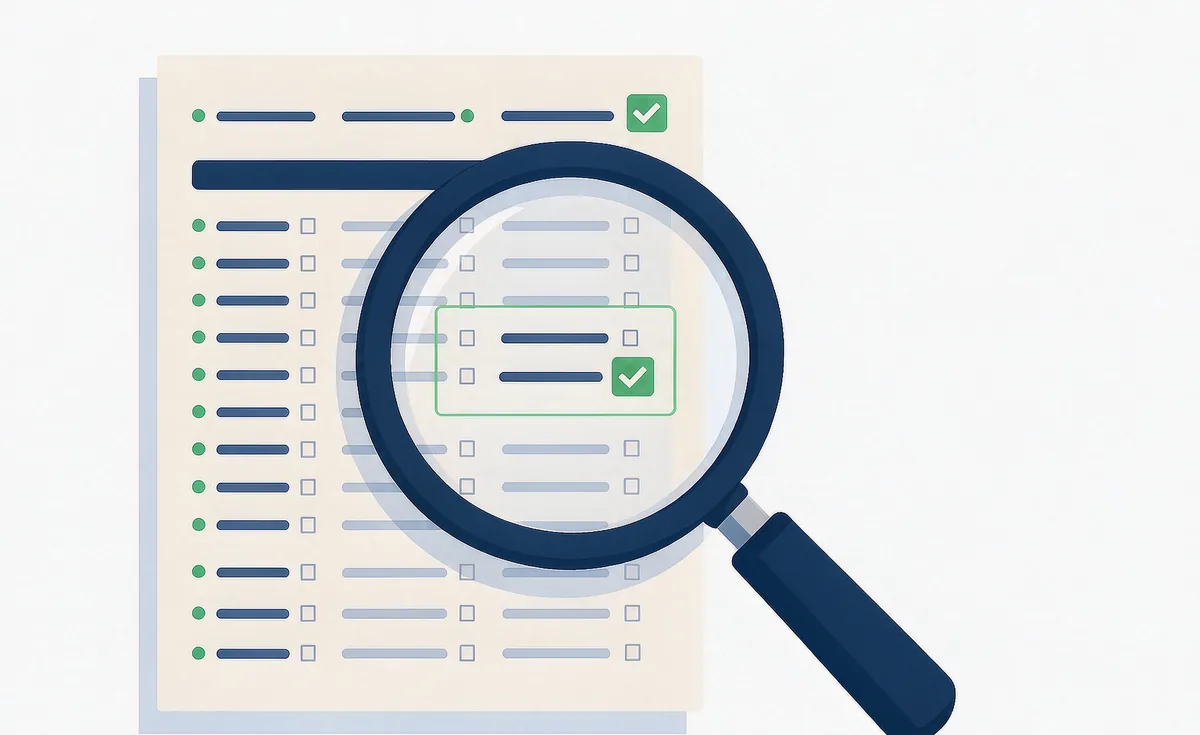 Flat illustration of a magnifying glass over a document with a green checkmark