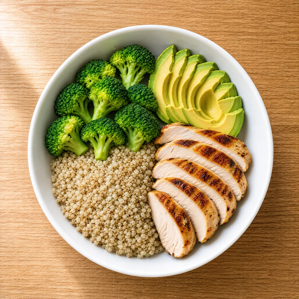鸡胸肉藜麦西兰花的健康餐俯拍