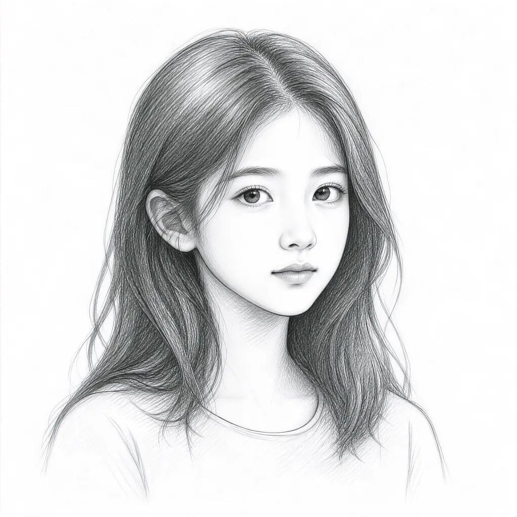 铅笔画风格的少女肖像线稿,这是图生图的底图