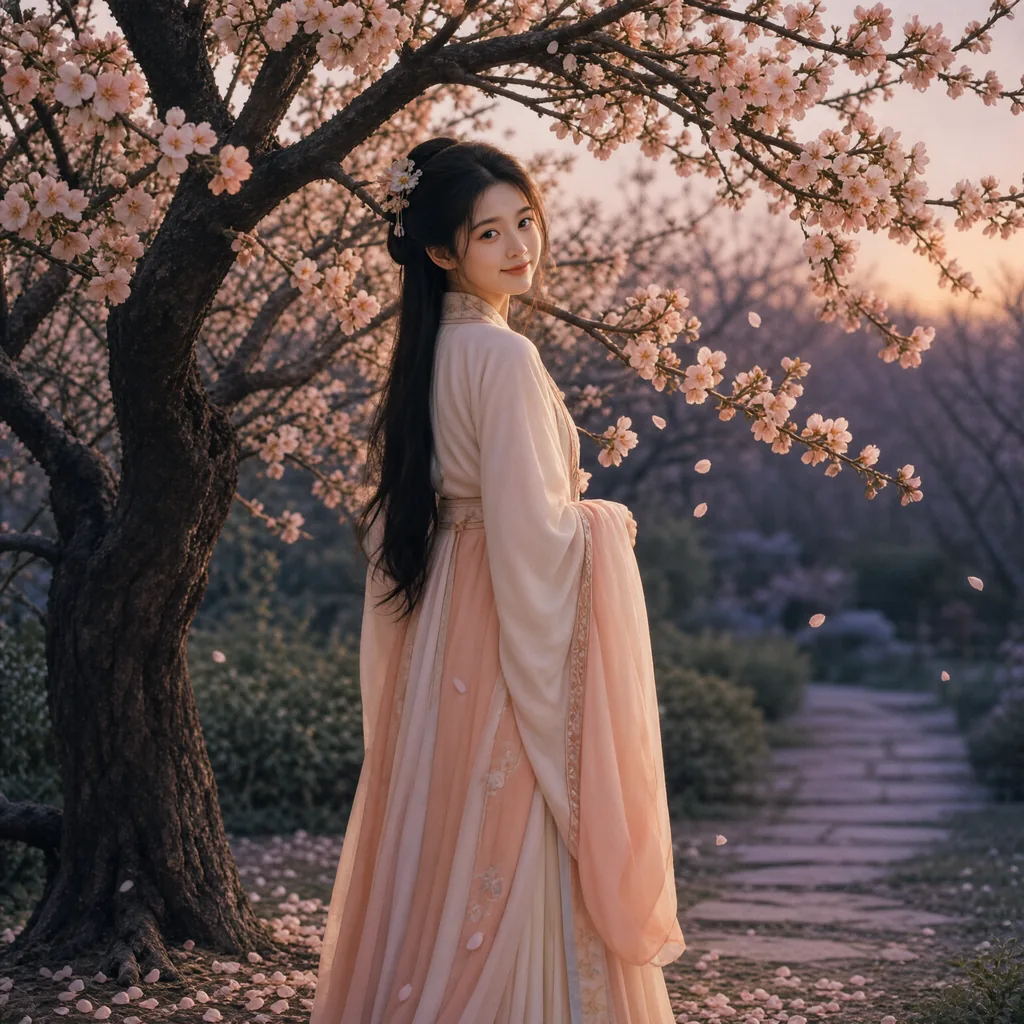 桃花树下穿汉服的少女，暮色柔光