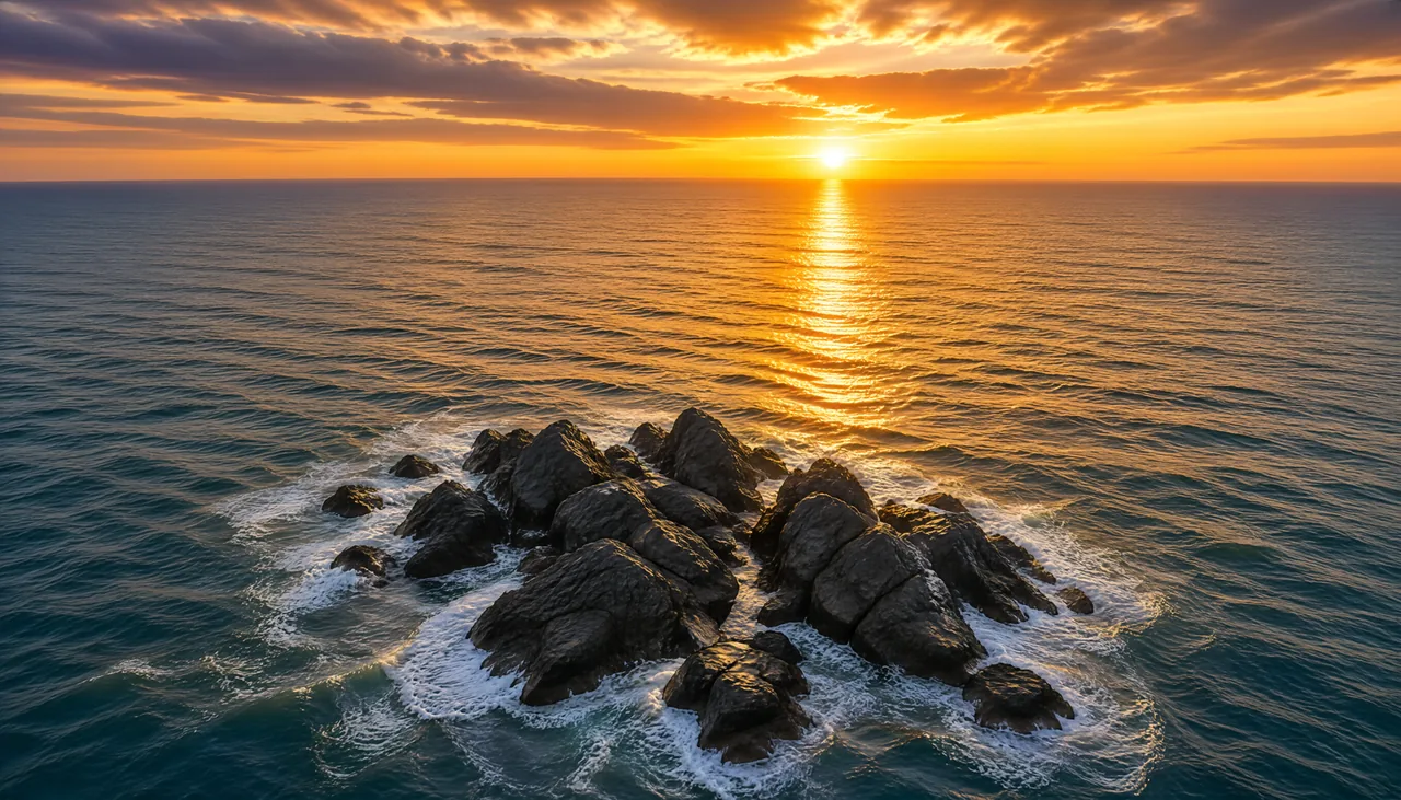 海面日落航拍的静态图，将用作视频首帧