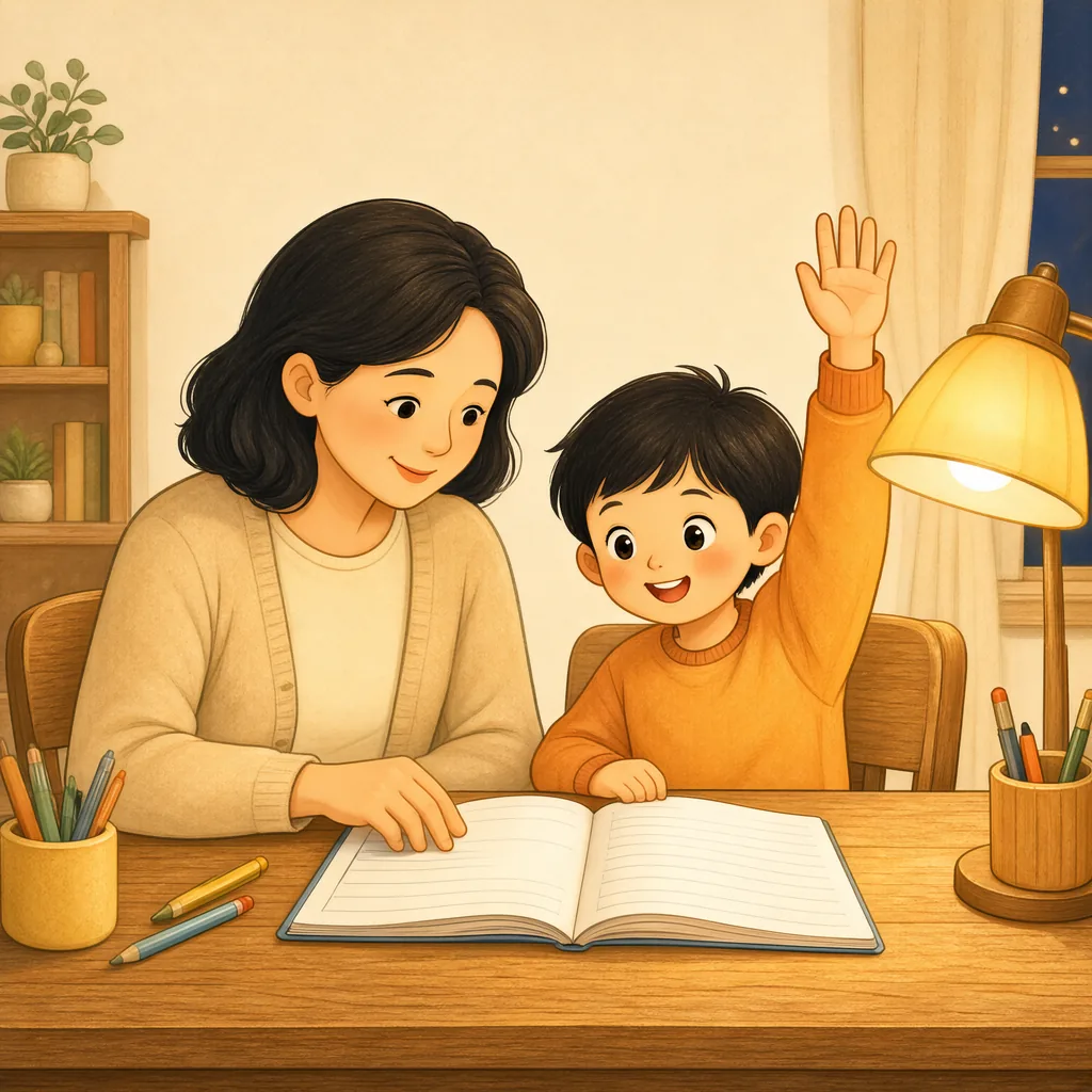 家长和孩子并排坐在书桌前看练习册的插画