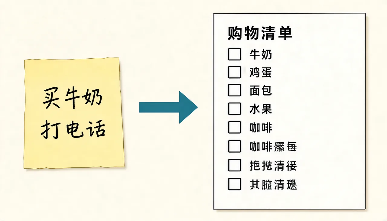 左边潦草便签与右边详细清单的对比示意