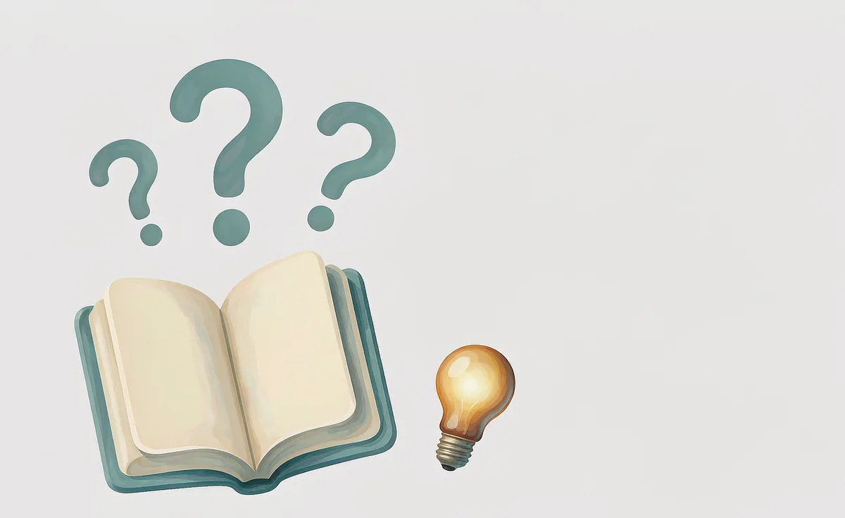 Flat illustration of an open book with question marks and a lightbulb